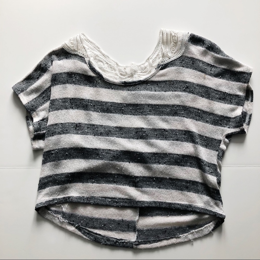 Gray and silver striped shirt with lace back